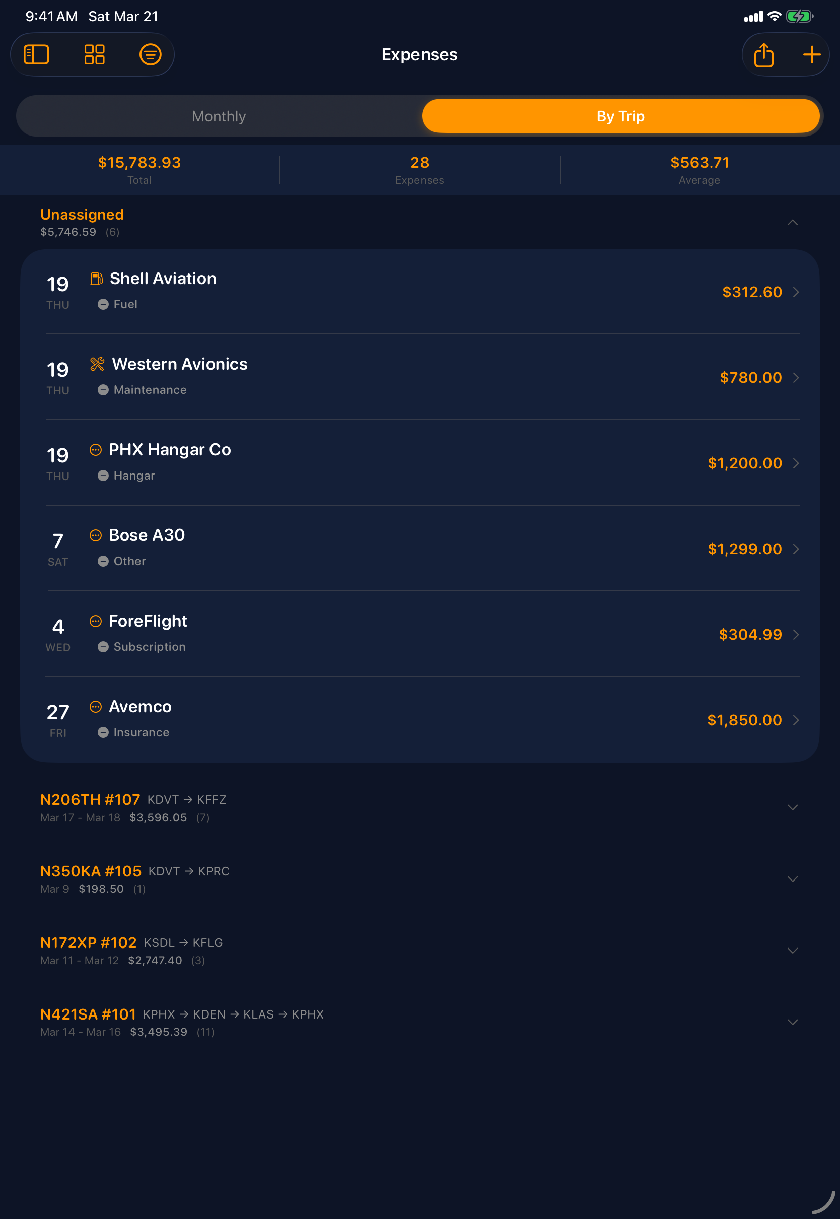Sky Duty expenses by trip on iPad