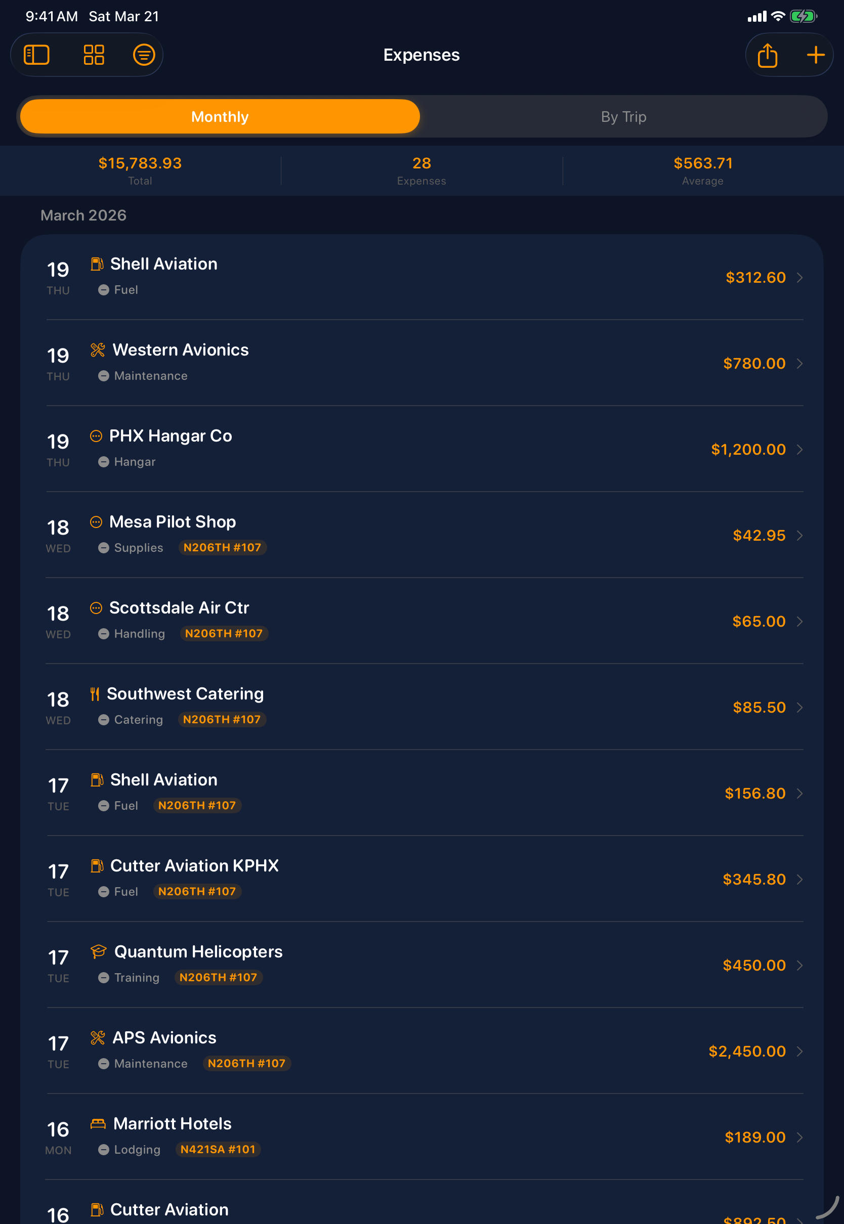 Sky Duty expense tracking on iPad