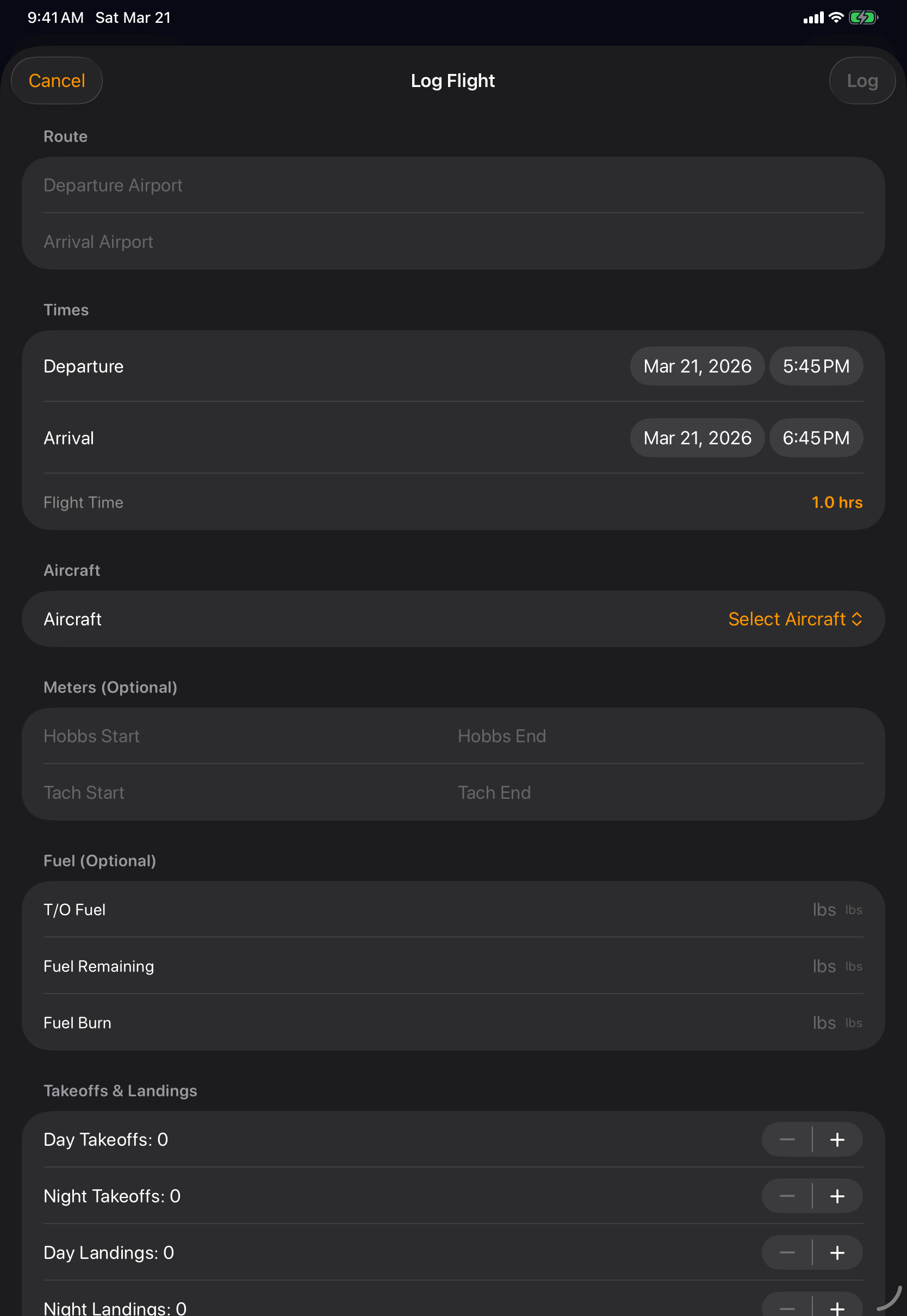 Sky Duty logbook entry on iPad