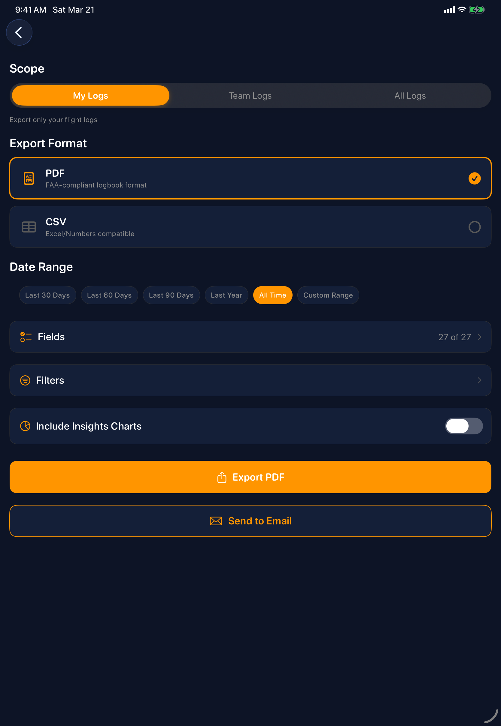 Sky Duty logbook export on iPad