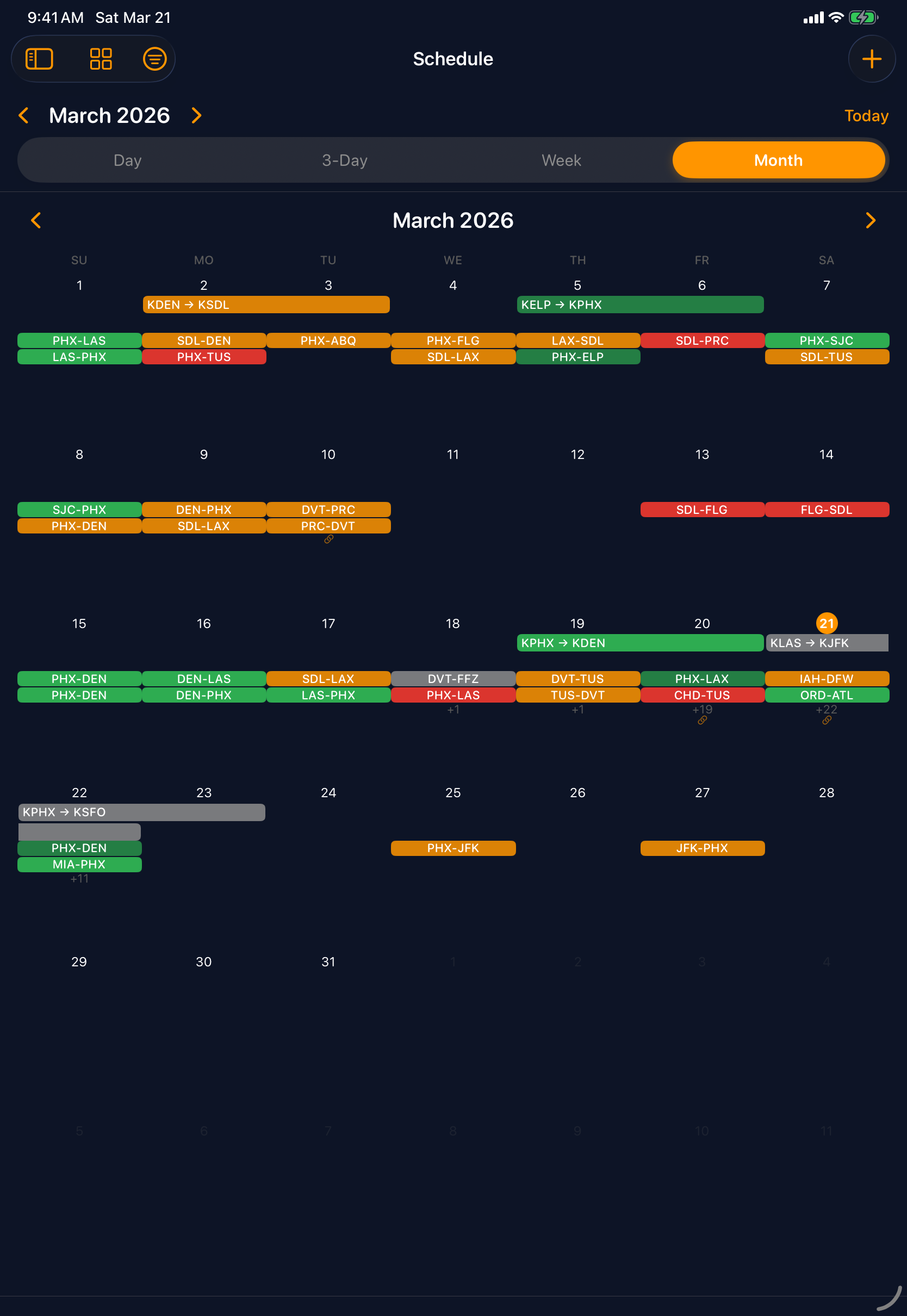 Sky Duty month calendar on iPad