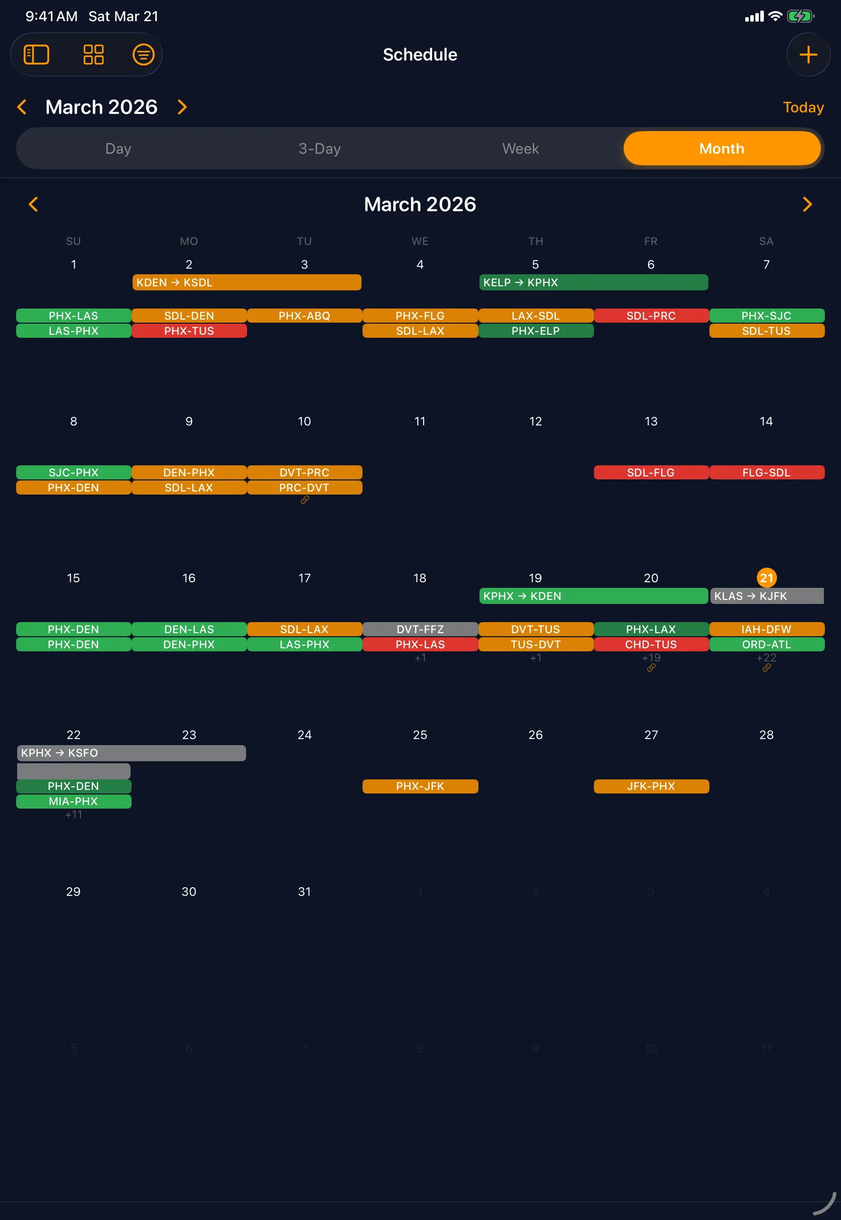 Sky Duty month calendar on iPad