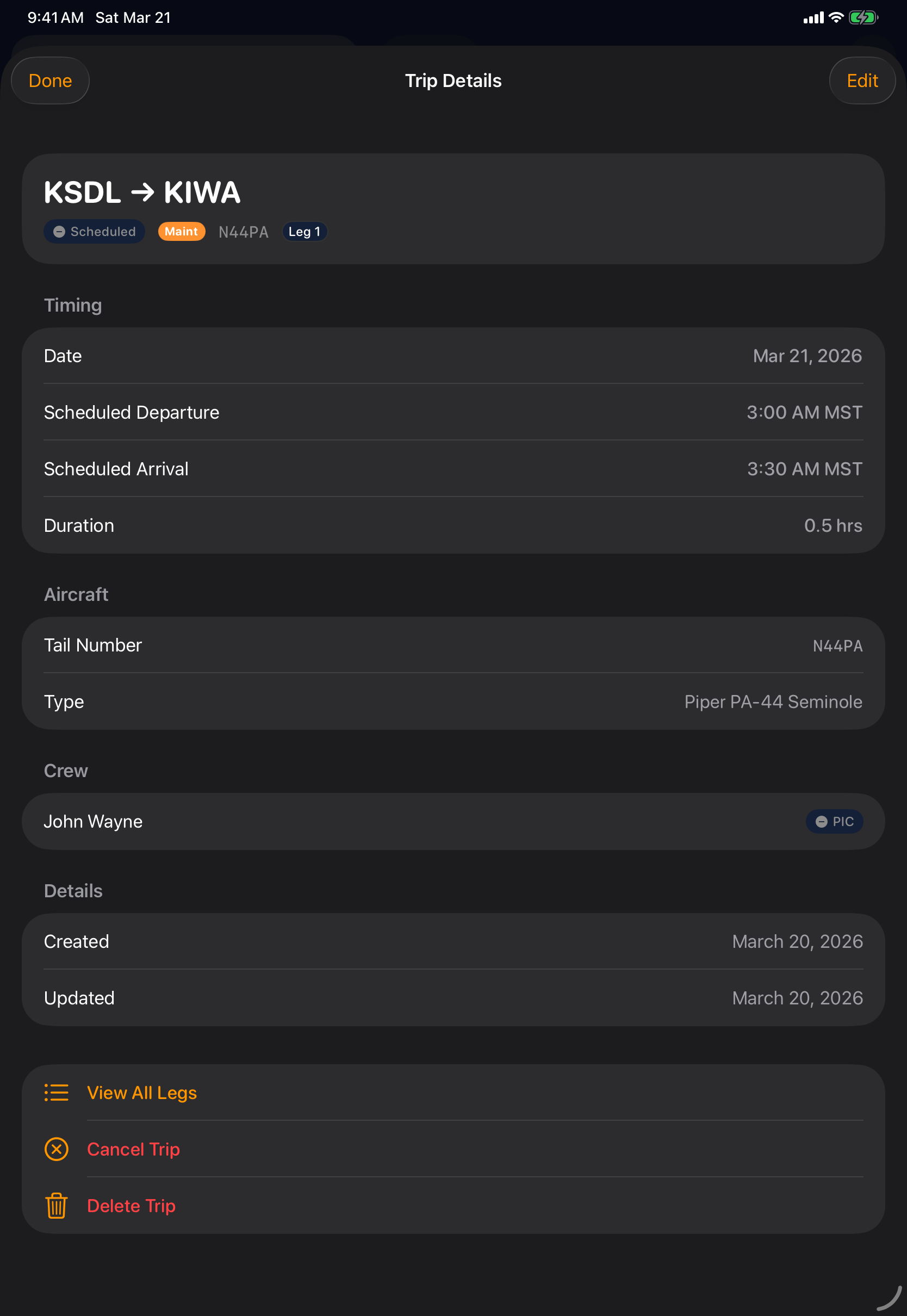 Sky Duty trip detail on iPad