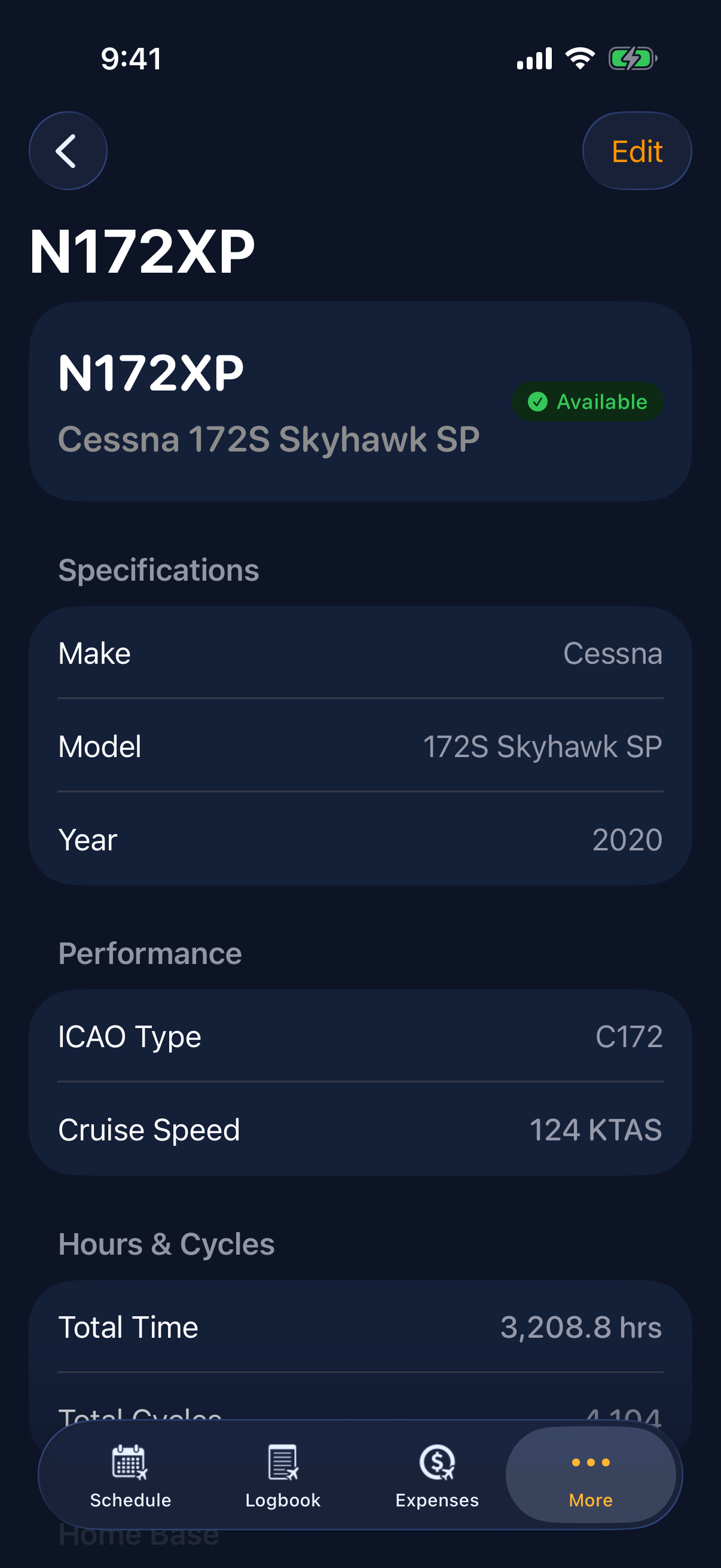 Sky Duty aircraft detail view showing maintenance inspections and compliance tracking