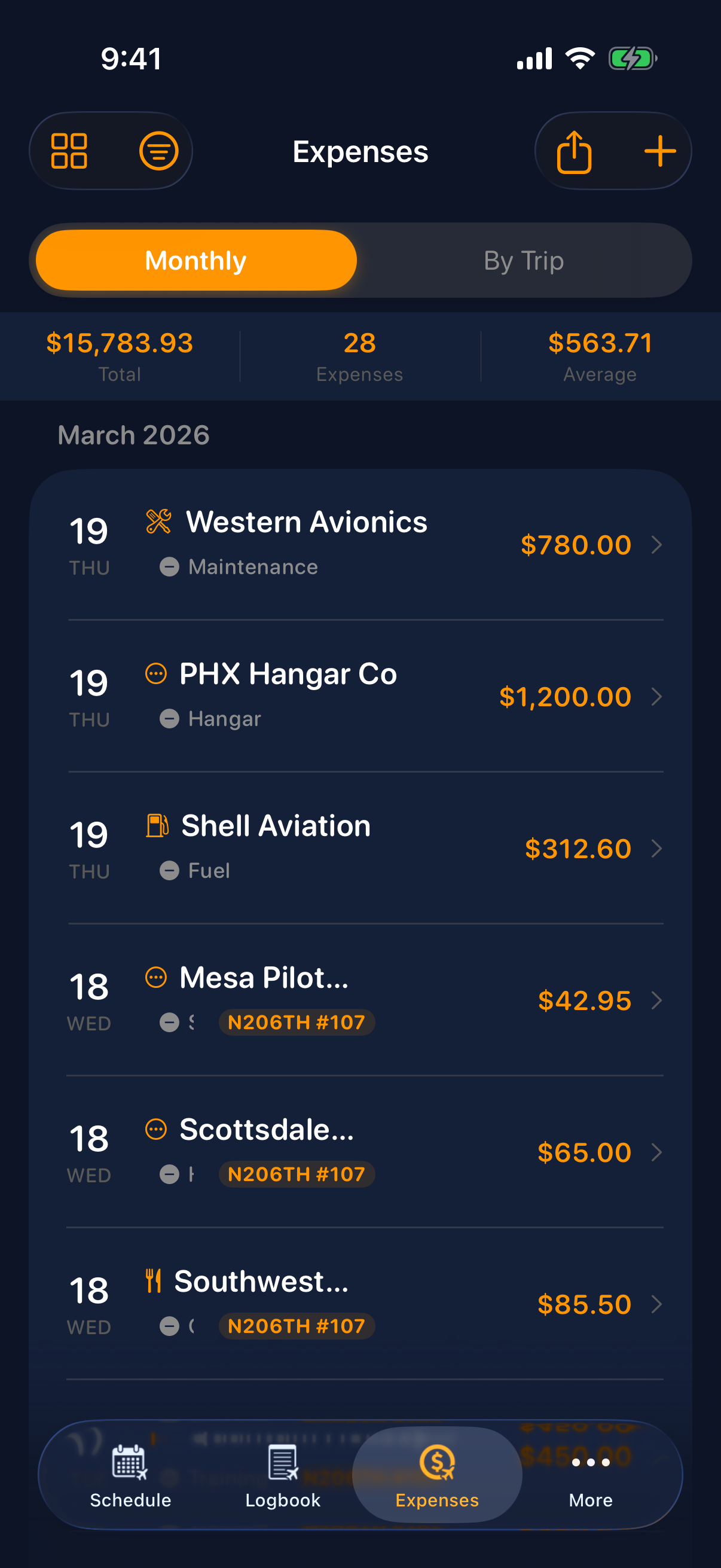 Sky Duty expenses view with trip-linked cost tracking