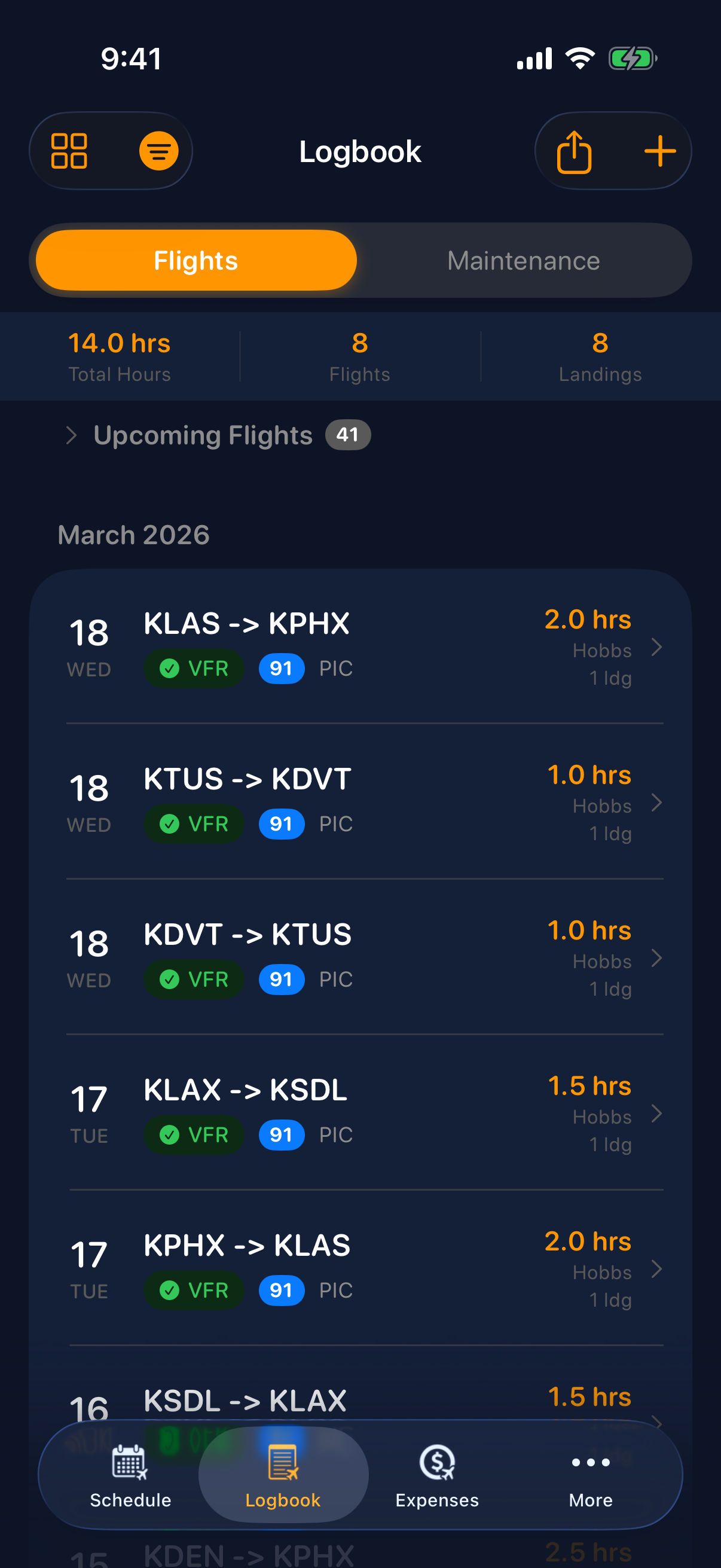 Sky Duty digital logbook with searchable flight entries