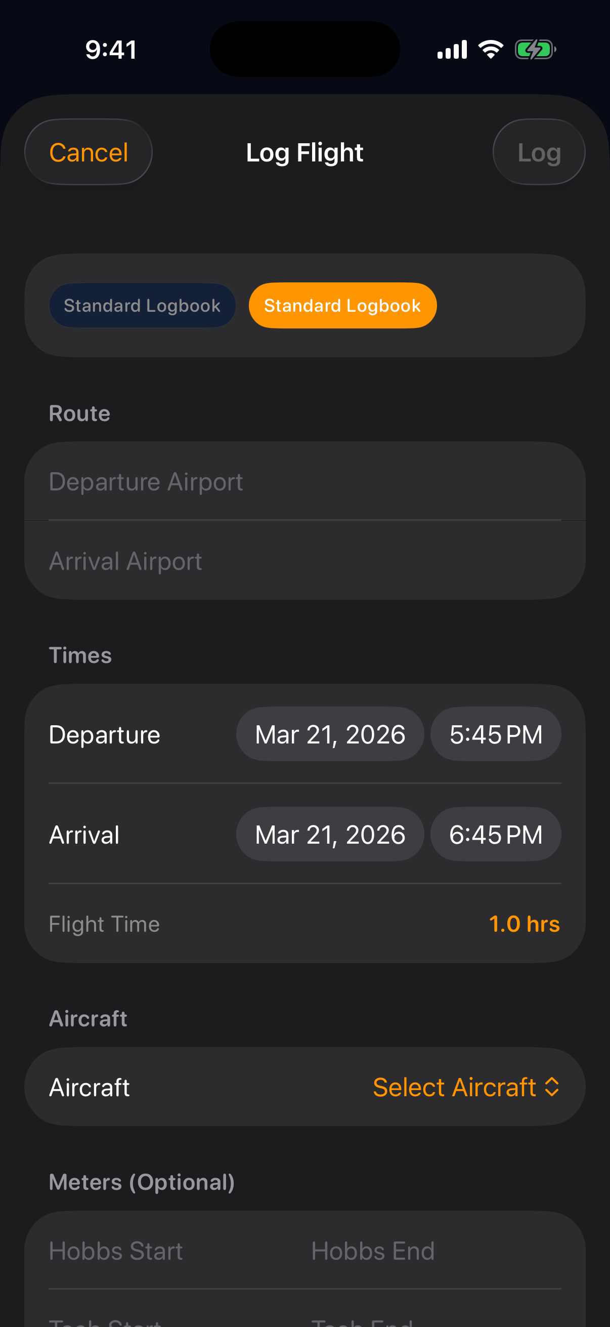 Sky Duty logbook entry on iPhone