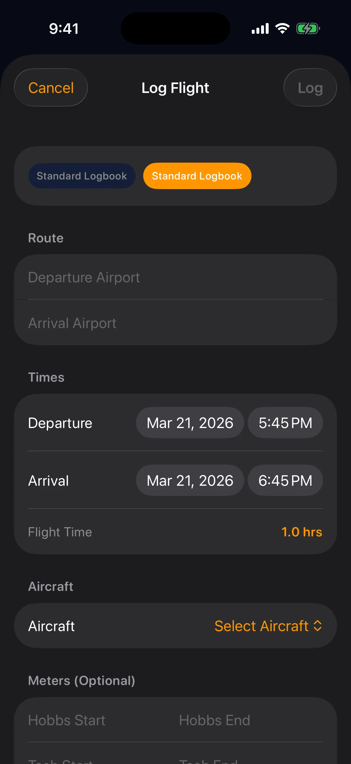 Sky Duty logbook entry on iPhone