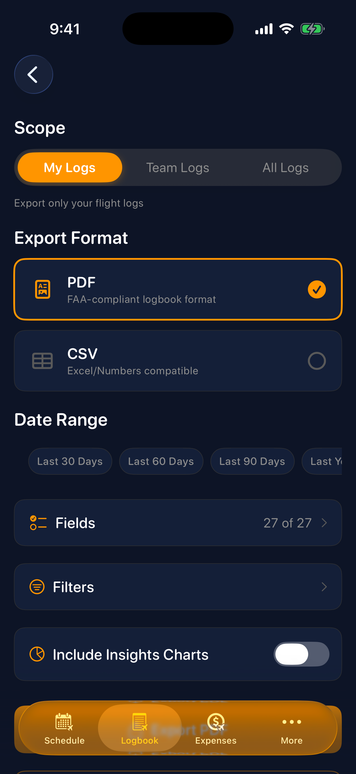Sky Duty logbook export on iPhone