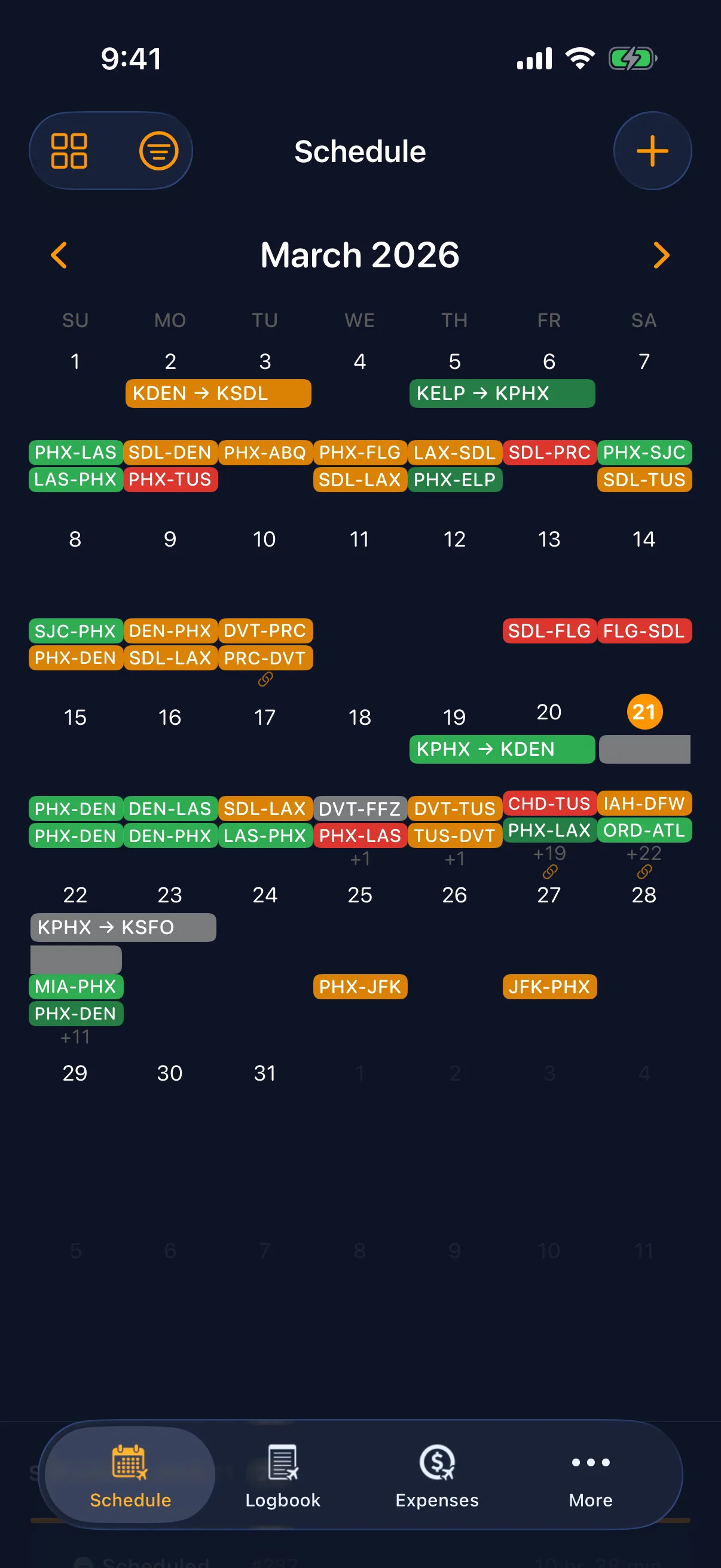Sky Duty schedule view showing a monthly calendar with color-coded flights