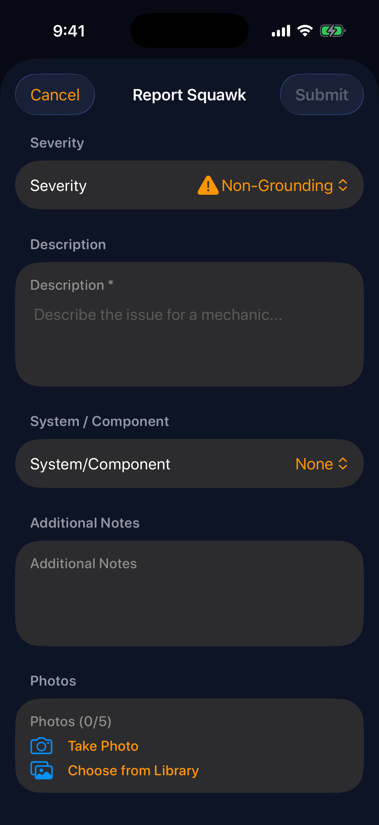 Sky Duty squawk report form on iPhone