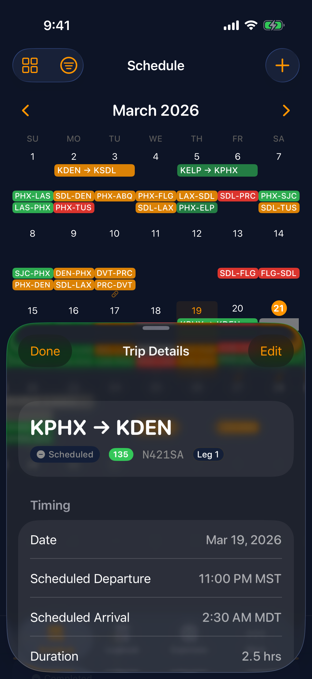 Sky Duty trip detail view with pre-flight checklist and flight tracking